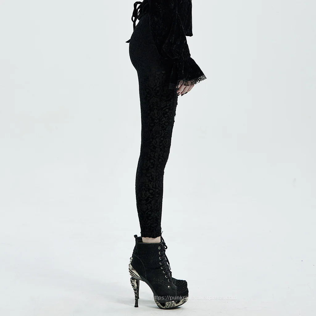 PUNK RAVE Women's Gothic Palace Retro Burn Out Flower Leggings Daily Wear Adjustable Elastic Band Skinny Delicate Pencil Pants