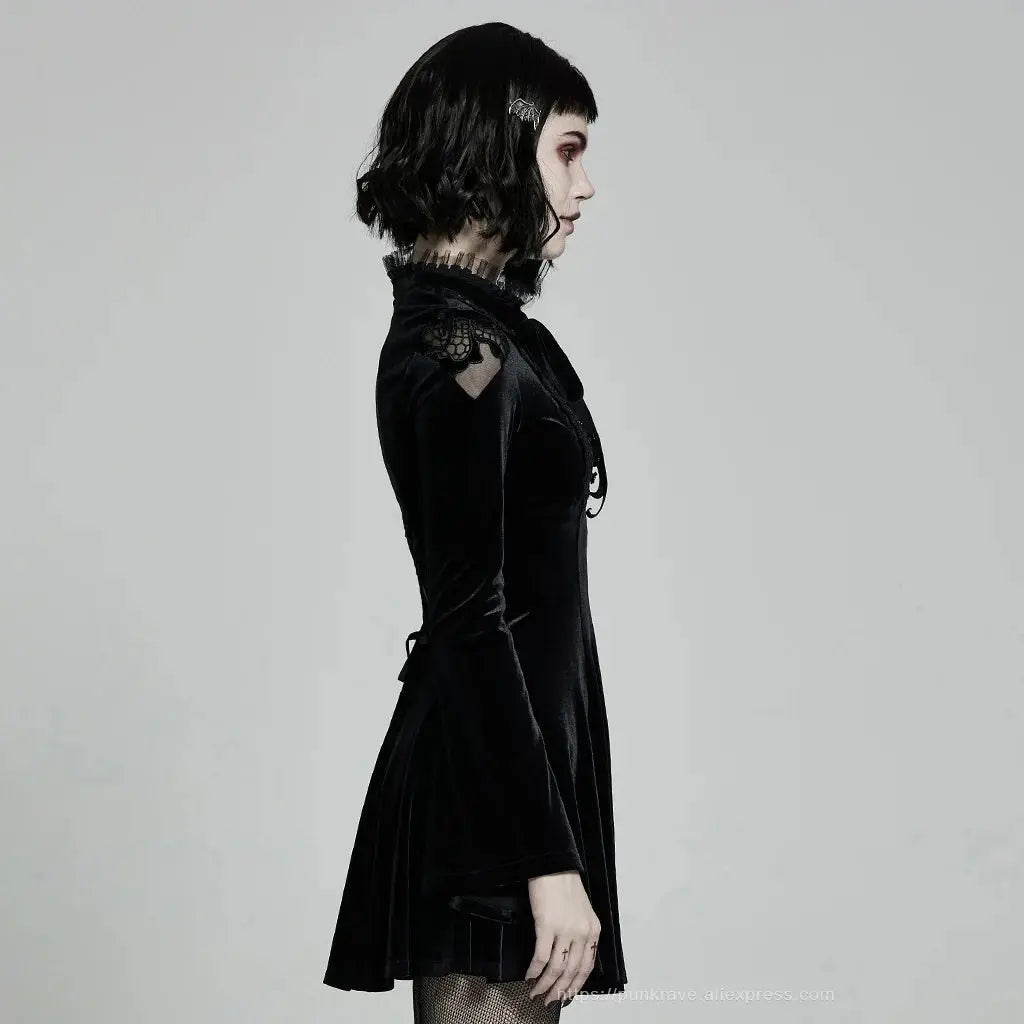 PUNK RAVE Women's Gothic Daily Dress Gorgeous Retro Knitted Velvet Lace-up Lace Collar Micro-horn Cuffs Party Dinner Dresses Coven Couture Collective