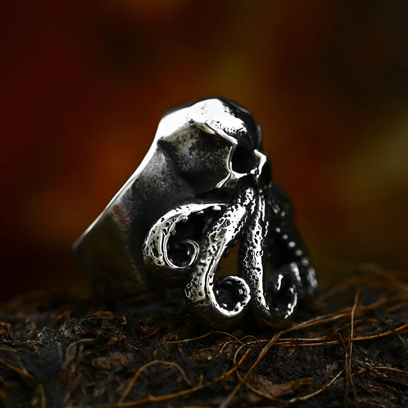 Antique Style Stainless Steel Men's Ring with Skull Octopus Design Gemstone Inlay Retro Punk Gothic Biker Fashion Jewelry