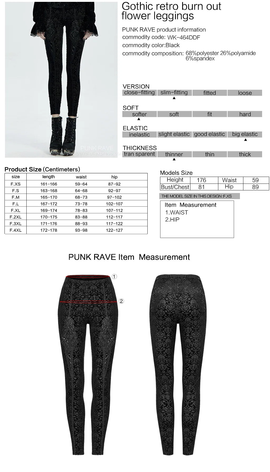 PUNK RAVE Women's Gothic Palace Retro Burn Out Flower Leggings Daily Wear Adjustable Elastic Band Skinny Delicate Pencil Pants