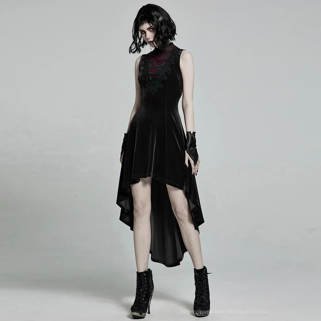 PUNK RAVE Women's Velvet Gothic Gorgeous Retro Irregular Hem Sleeveless Dress in Black or Red