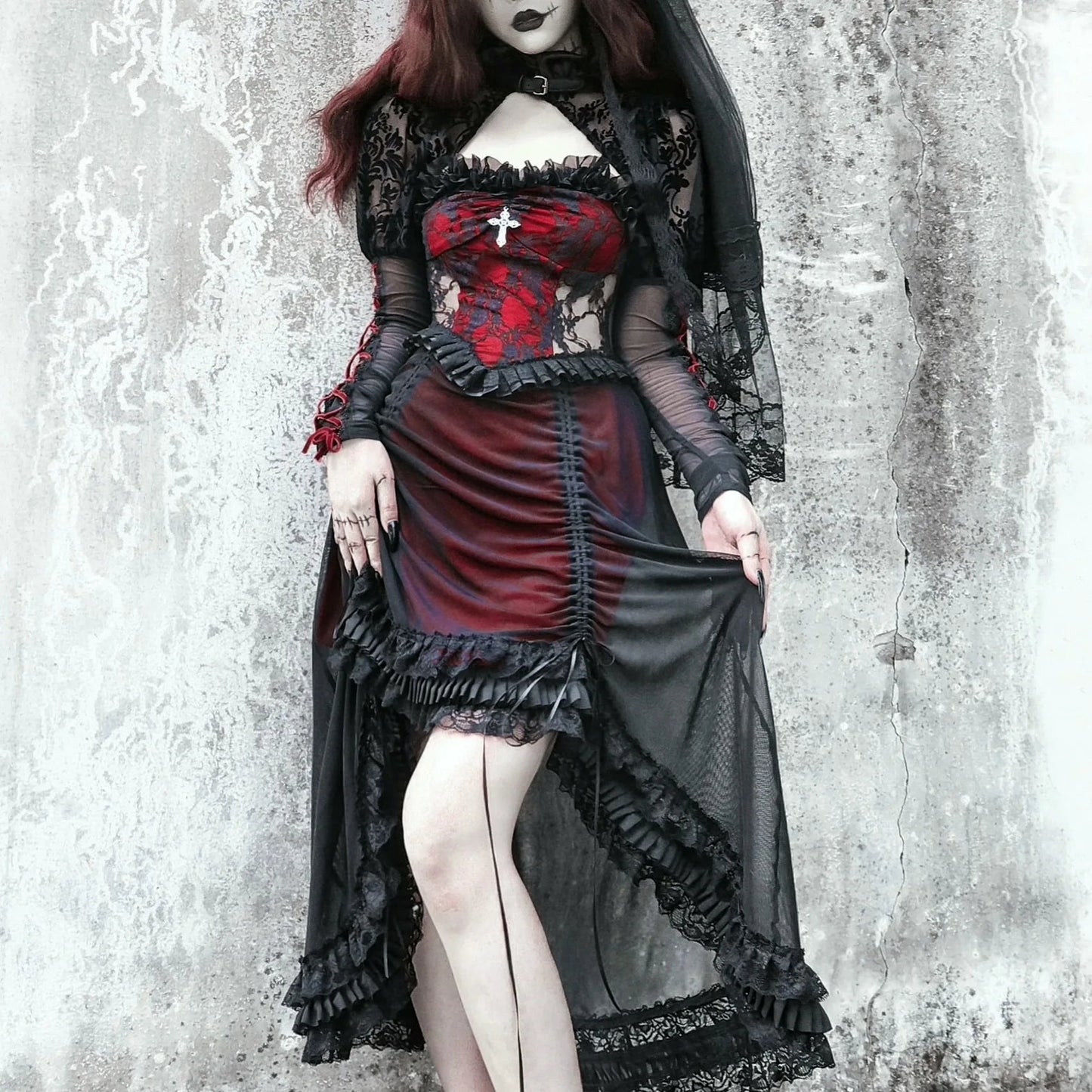Blood Supply Original Vampire Gothic Black Red Drawstring Asymmetric Slip Dress Halloween Lace Fly Sleeve Dark Suspender Dress Coven Couture Collective