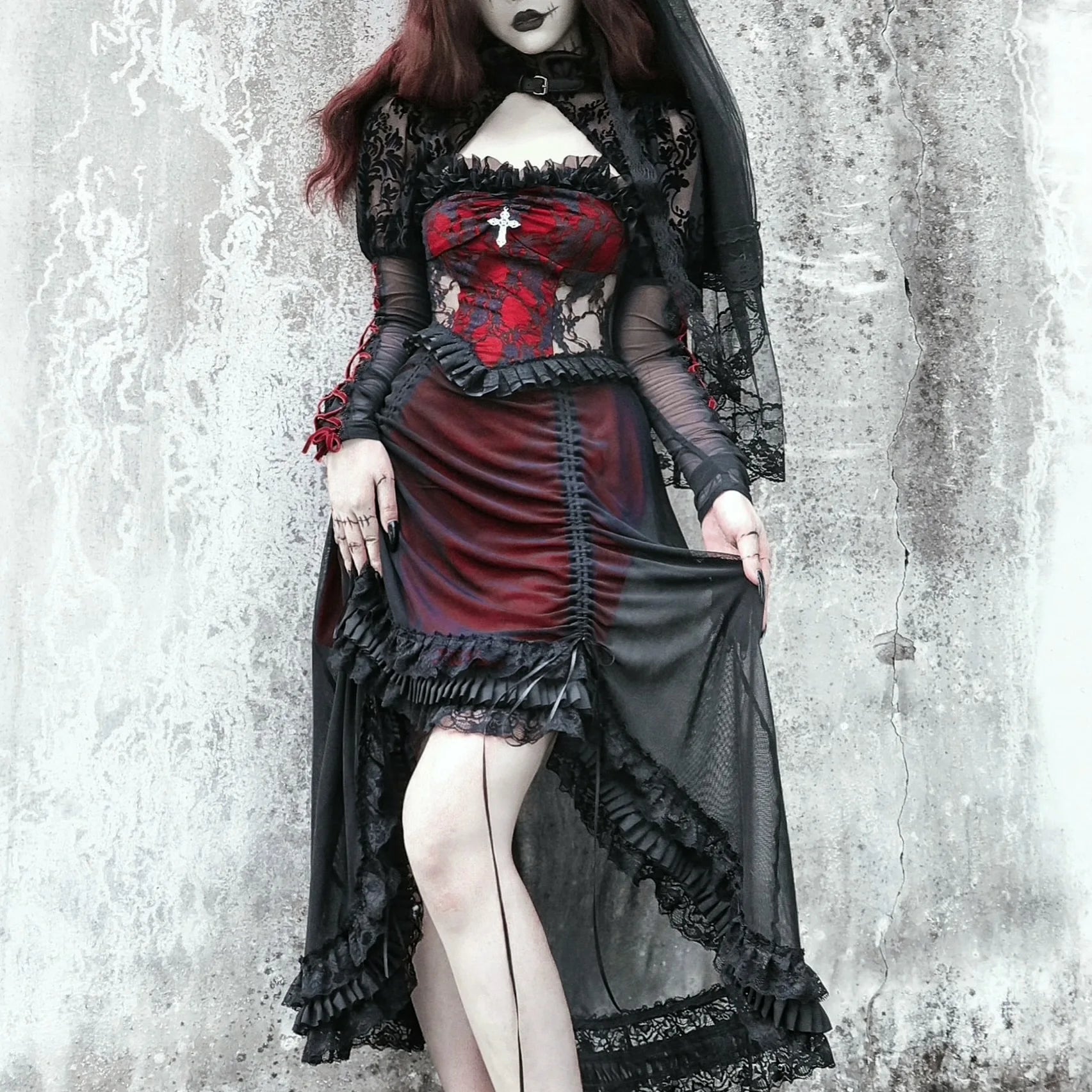 Blood Supply Original Vampire Gothic Black Red Drawstring Asymmetric Slip Dress Halloween Lace Fly Sleeve Dark Suspender Dress Coven Couture Collective