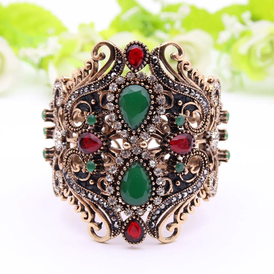 Antique Gold Baroque Gothic Bangle Vintage Resin Flower Bracelet for Women
