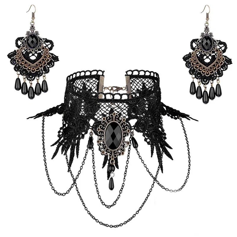 YiYaoFa Handmade Exaggerated Jewelry Set Gothic Jewelry Black Lace Necklace & Earring Women Accessories Party Jewelry FYS-01