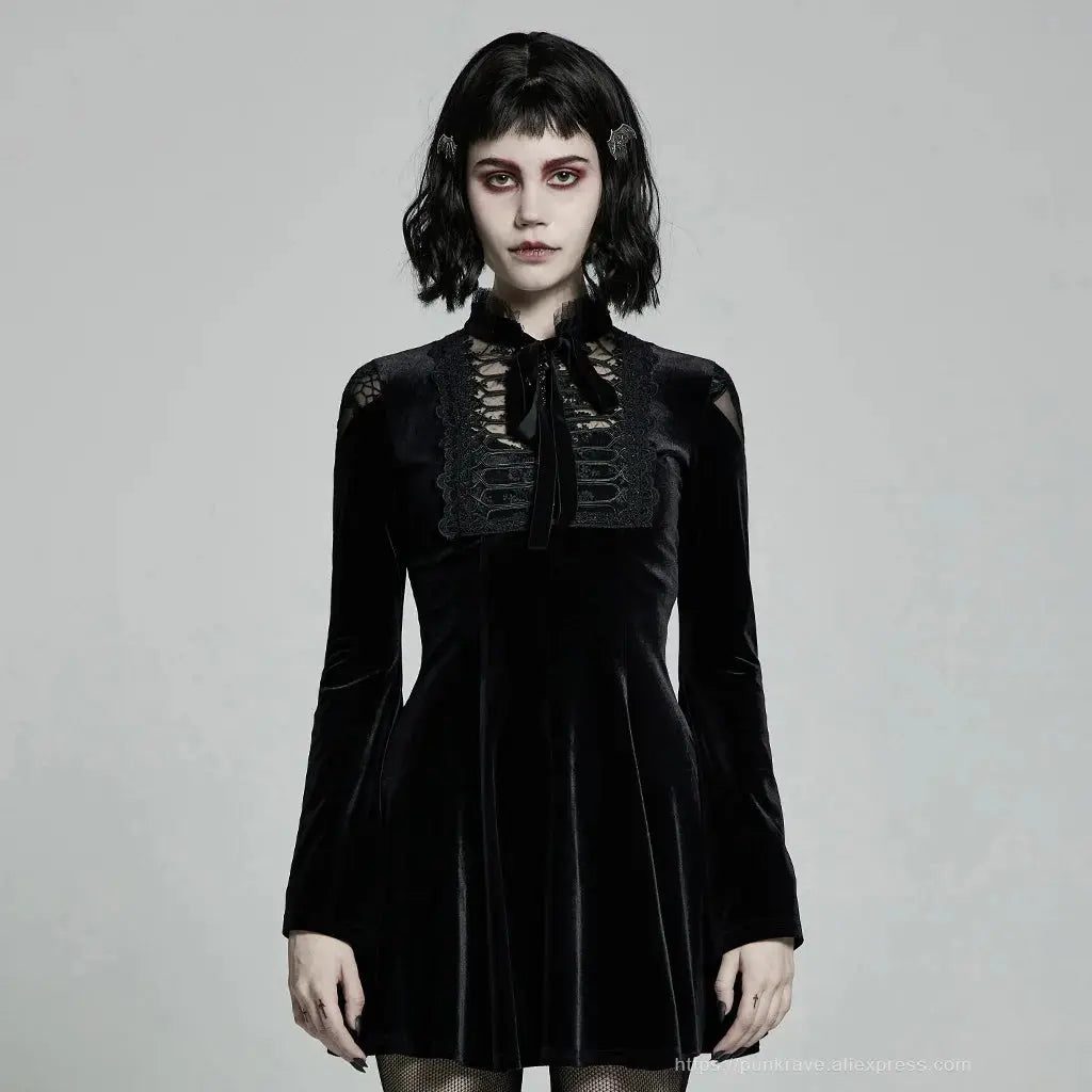 PUNK RAVE Women's Gothic Daily Dress Gorgeous Retro Knitted Velvet Lace-up Lace Collar Micro-horn Cuffs Party Dinner Dresses Coven Couture Collective