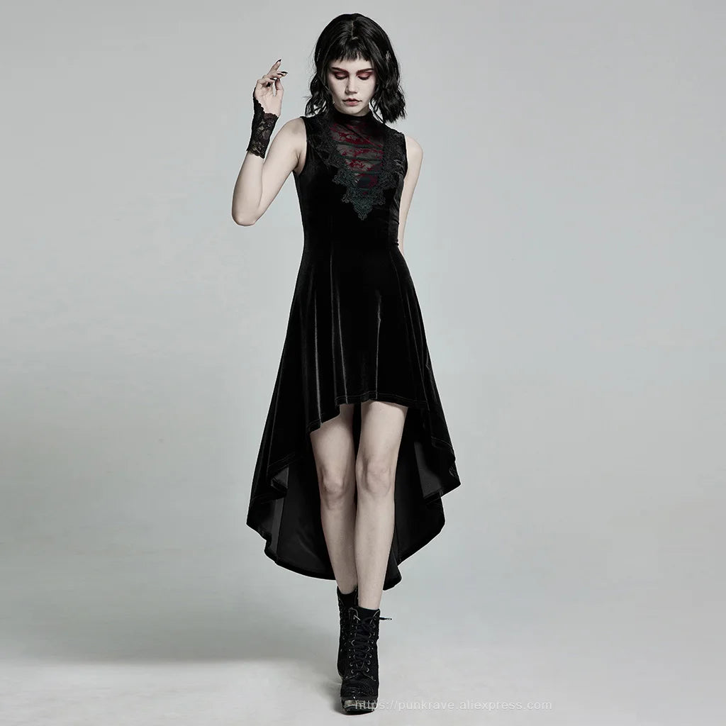 PUNK RAVE Women's Velvet Gothic Gorgeous Retro Irregular Hem Sleeveless Dress in Black or Red