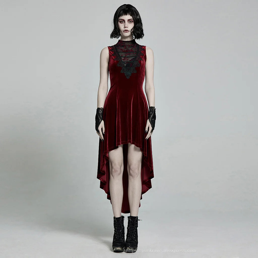 PUNK RAVE Women's Velvet Gothic Gorgeous Retro Irregular Hem Sleeveless Dress in Black or Red