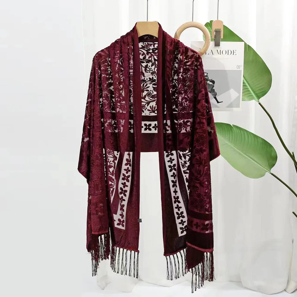 New Bohemian Ethnic Style Green Velvet Long Shawl Plain Color Floral Pattern Multi-Functional Scarf for Women's Summer Parties