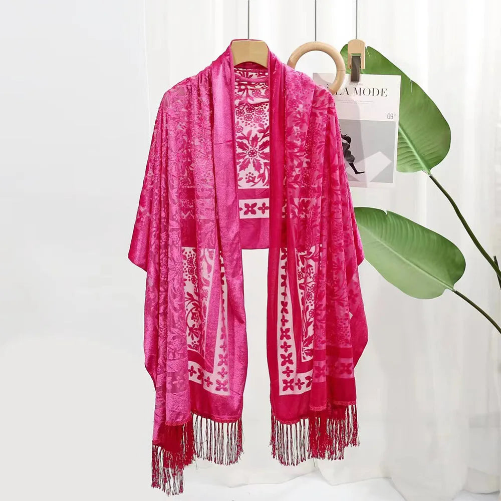 New Bohemian Ethnic Style Green Velvet Long Shawl Plain Color Floral Pattern Multi-Functional Scarf for Women's Summer Parties
