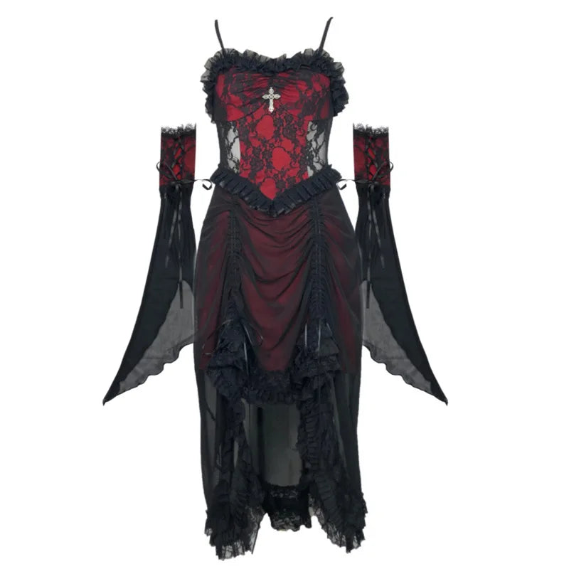 Blood Supply Original Vampire Gothic Black Red Drawstring Asymmetric Slip Dress Halloween Lace Fly Sleeve Dark Suspender Dress Coven Couture Collective