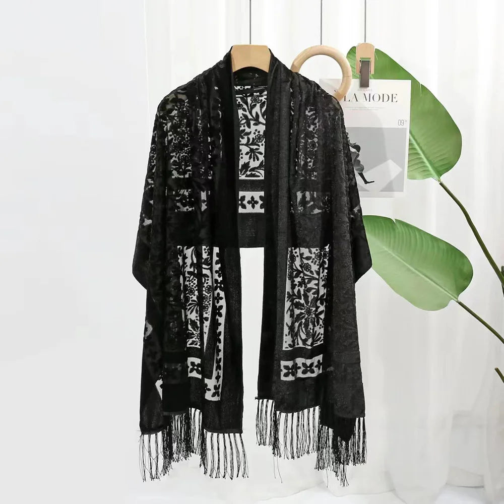 New Bohemian Ethnic Style Green Velvet Long Shawl Plain Color Floral Pattern Multi-Functional Scarf for Women's Summer Parties