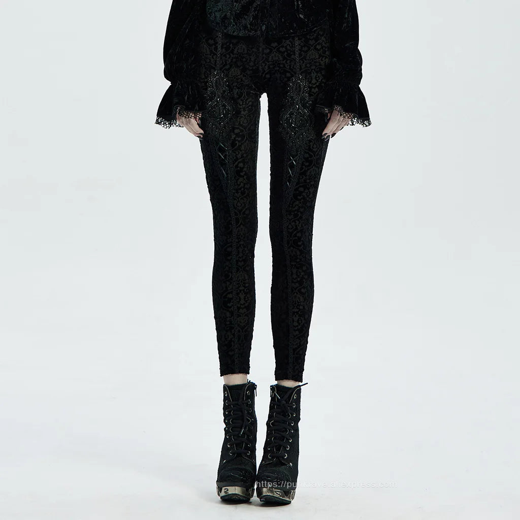 PUNK RAVE Women's Gothic Palace Retro Burn Out Flower Leggings Daily Wear Adjustable Elastic Band Skinny Delicate Pencil Pants