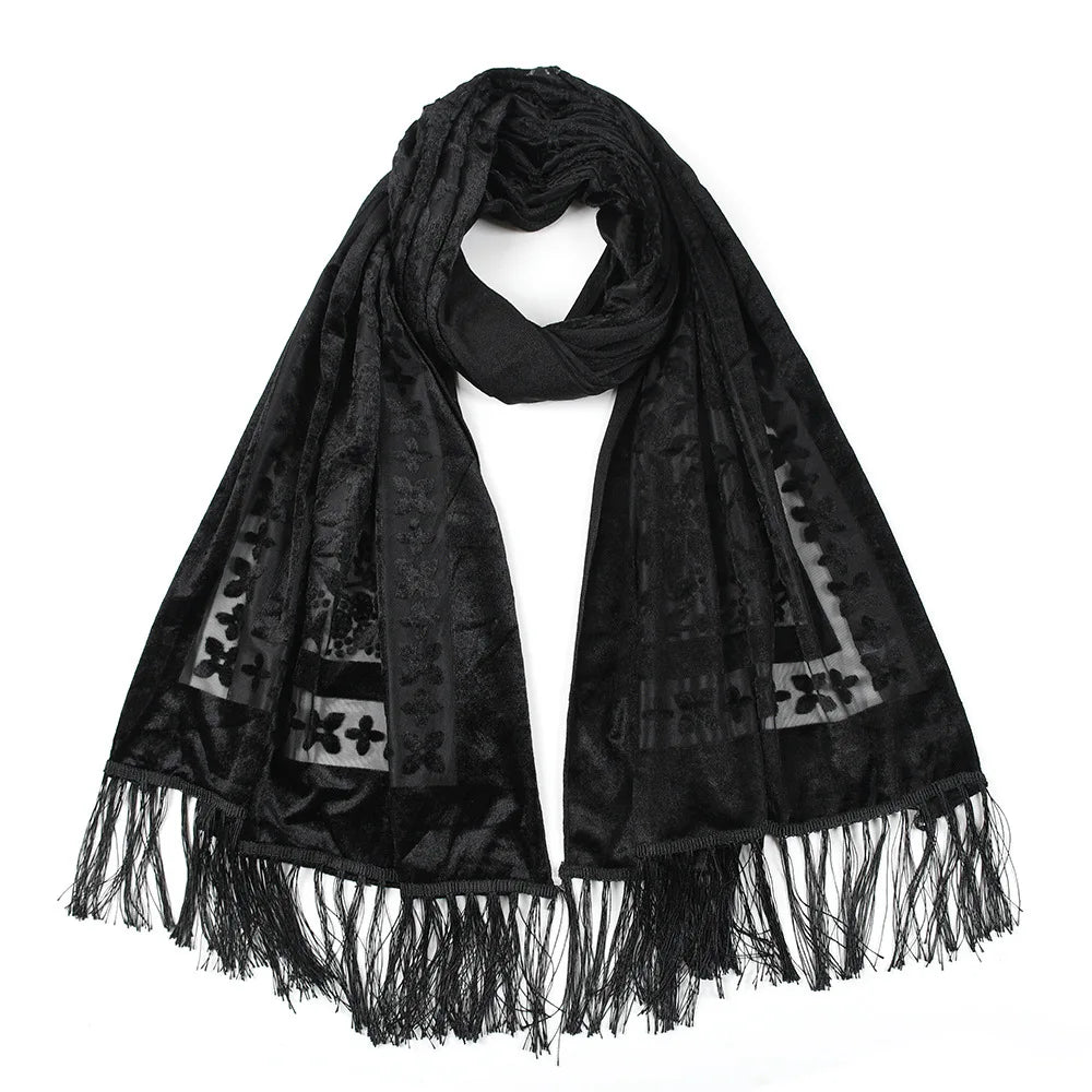 New Bohemian Ethnic Style Green Velvet Long Shawl Plain Color Floral Pattern Multi-Functional Scarf for Women's Summer Parties