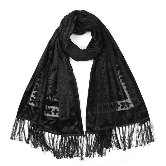 New Bohemian Ethnic Style Green Velvet Long Shawl Plain Color Floral Pattern Multi-Functional Scarf for Women's Summer Parties