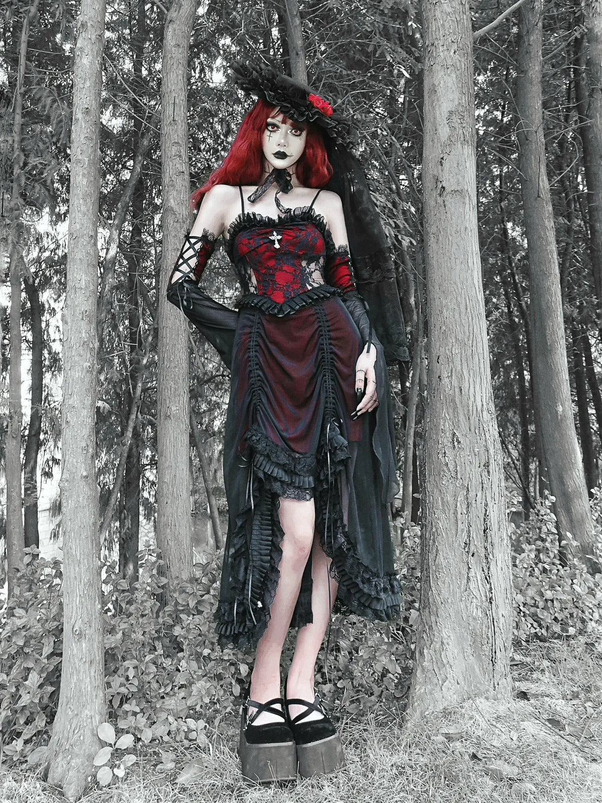Blood Supply Original Vampire Gothic Black Red Drawstring Asymmetric Slip Dress Halloween Lace Fly Sleeve Dark Suspender Dress Coven Couture Collective