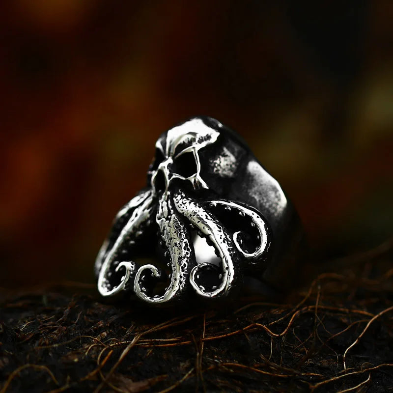 Antique Style Stainless Steel Men's Ring with Skull Octopus Design Gemstone Inlay Retro Punk Gothic Biker Fashion Jewelry