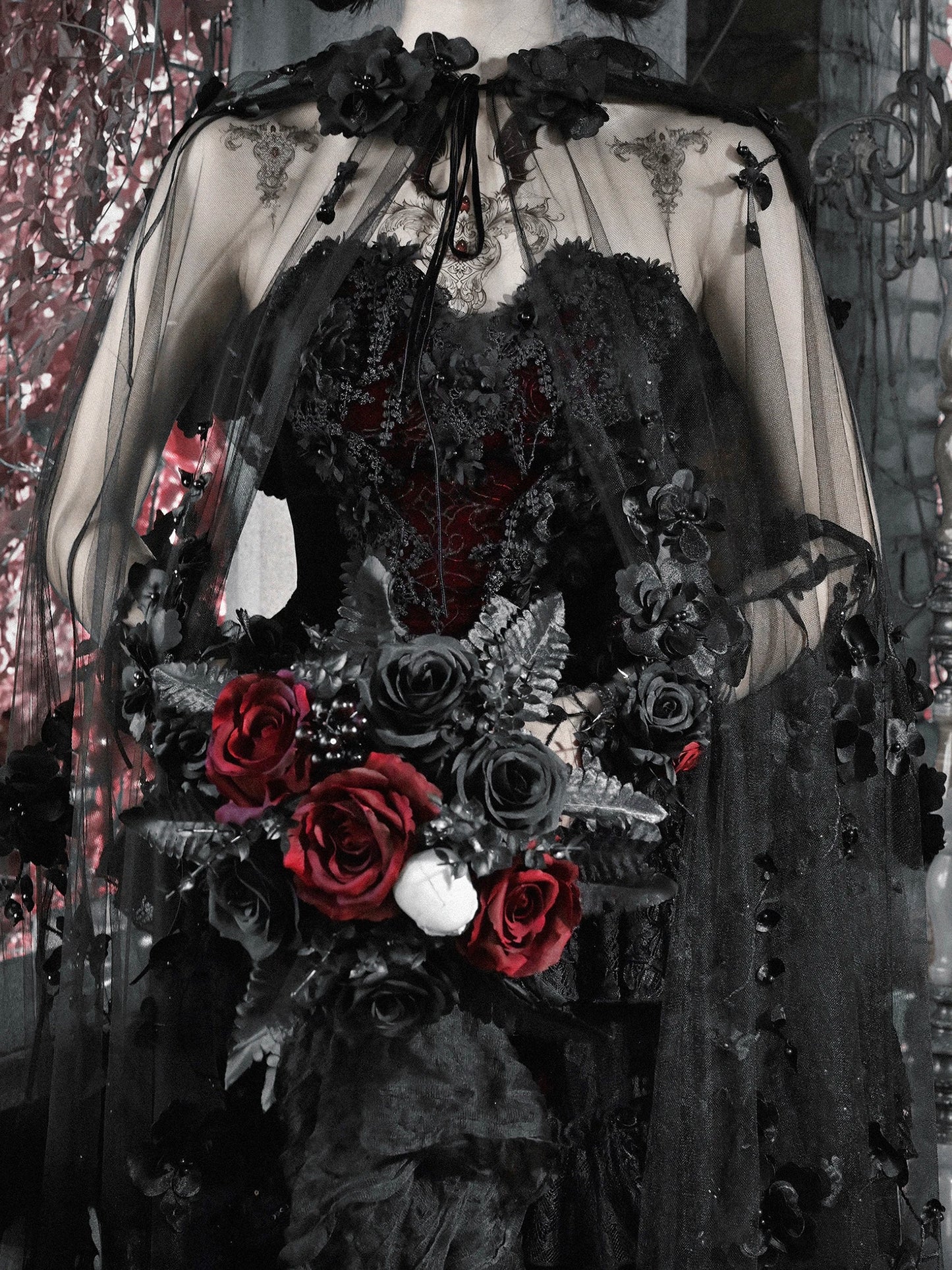 Blood Supply Original Design Gothic Florals Beading Embroidery Hooded Long Ponchos Transparent Meash Halloween Cape Winter