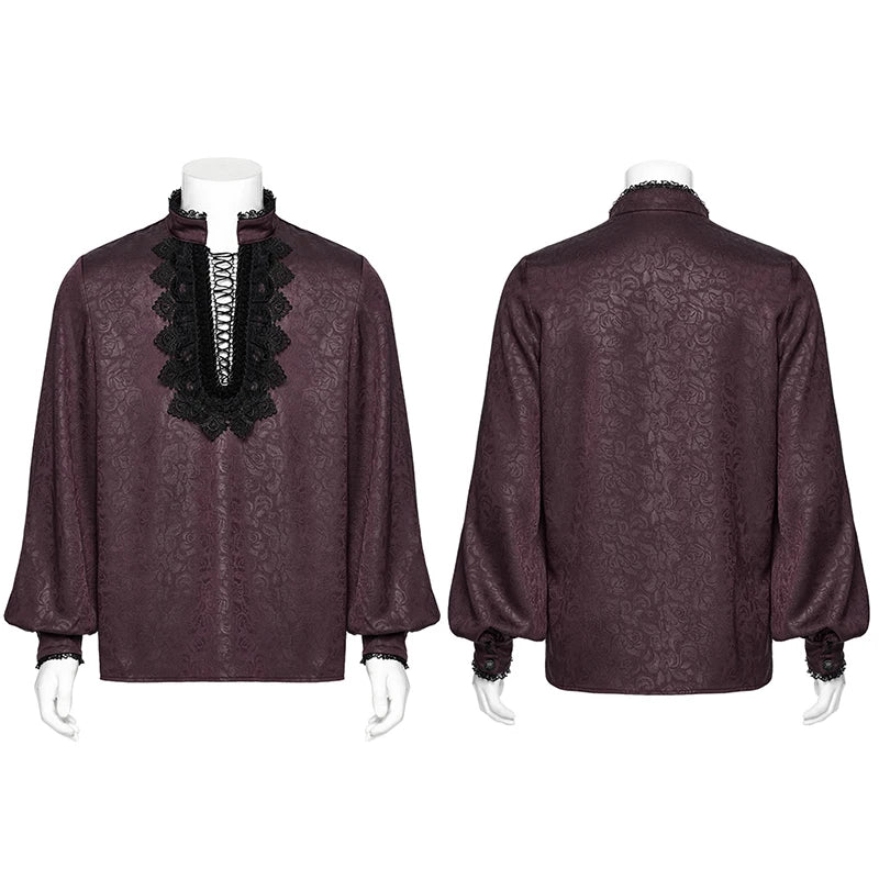 PUNK RAVE Men's Goth Stand Up Collar Dark Rose Patterned Shirt Elegant Lace Front Drawstring Design Exquisite Feeling Tops Coven Couture Collective