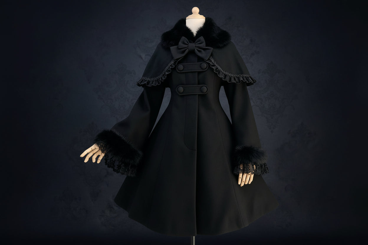 Gothic Lolita Coat Women's Winter Long Cosplay Coat with Flare Fur Cuff Sleeves and Cape Jacket Custom Tailored