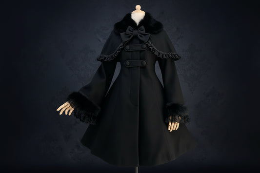 Gothic Lolita Coat Women's Winter Long Cosplay Coat with Flare Fur Cuff Sleeves and Cape Jacket Custom Tailored