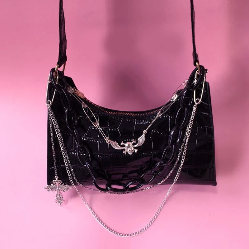 Gothic Dark Punk Underarm Bag With Skull Shoulder Bag Y2k Chain Crocodile Pattern Crossbody Bag Korean Popular Aesthetic Bags