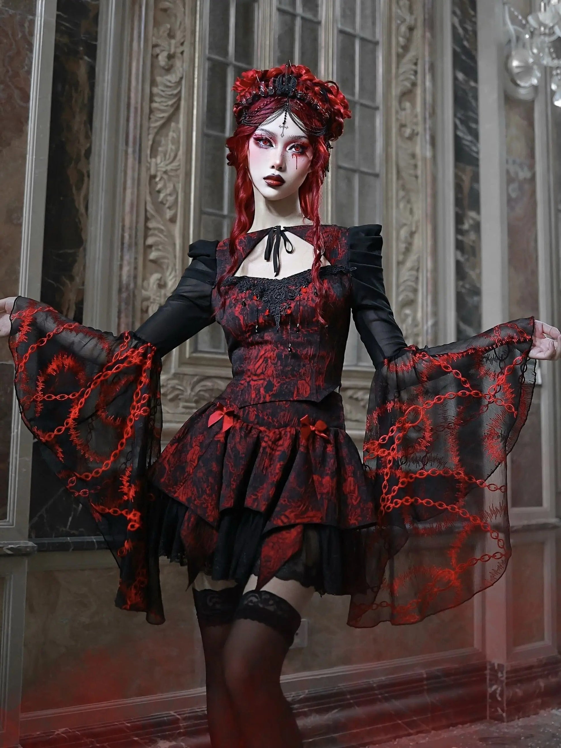Blood Supply Original Gothic Red Black Rose Embroid Lace Long Flying Sleeve Blouse Hollow Out Halloween Mesh Punk Blusa Summer Coven Couture Collective