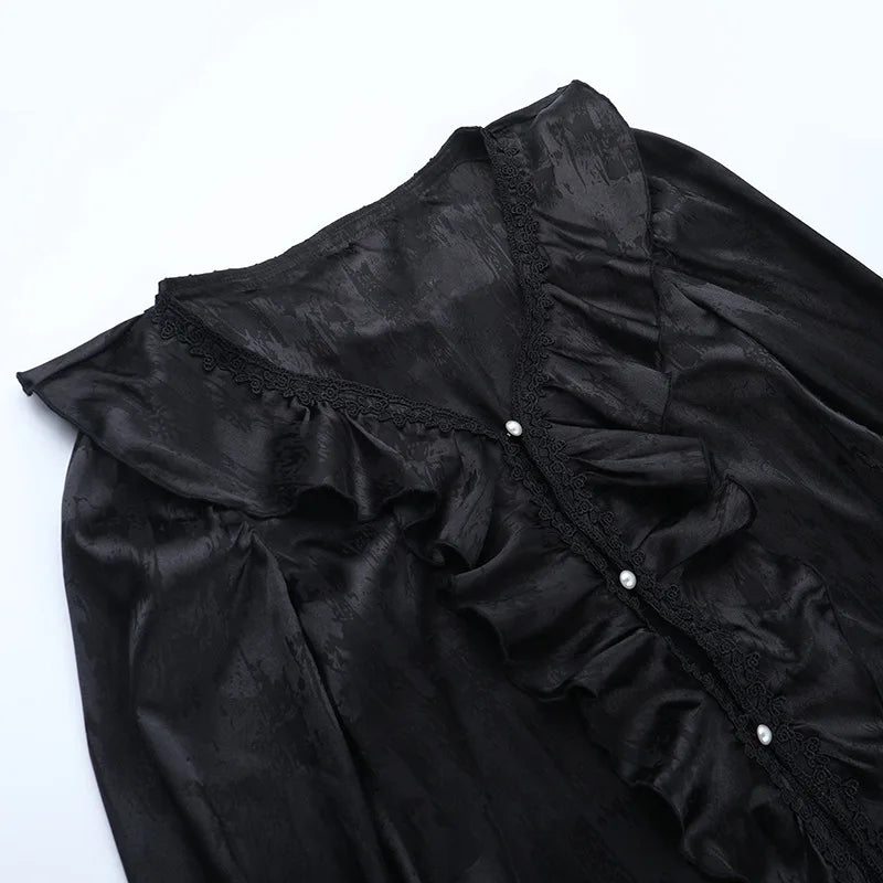 AltGoth Vintage Gothic Black Shirts Women Palace Style Streetwear Y2k E-girl Harajuku V-neck Ruffle Long Sleeve Bluose Cosplay