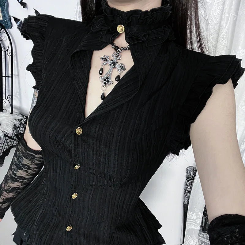Goth Dark 90s Grunge Single Breasted Slim Wasit Shirt Blouses Women Alt Teachwear Mall Gothic Stringy Selvedge Sleeveless Shirts