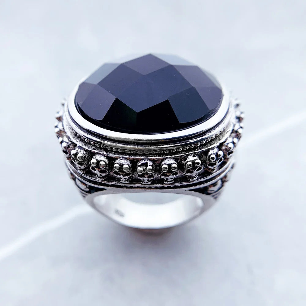 Black Oval CZ Skull Skeleton Ring 925 Sterling Silver Unisex Fashion