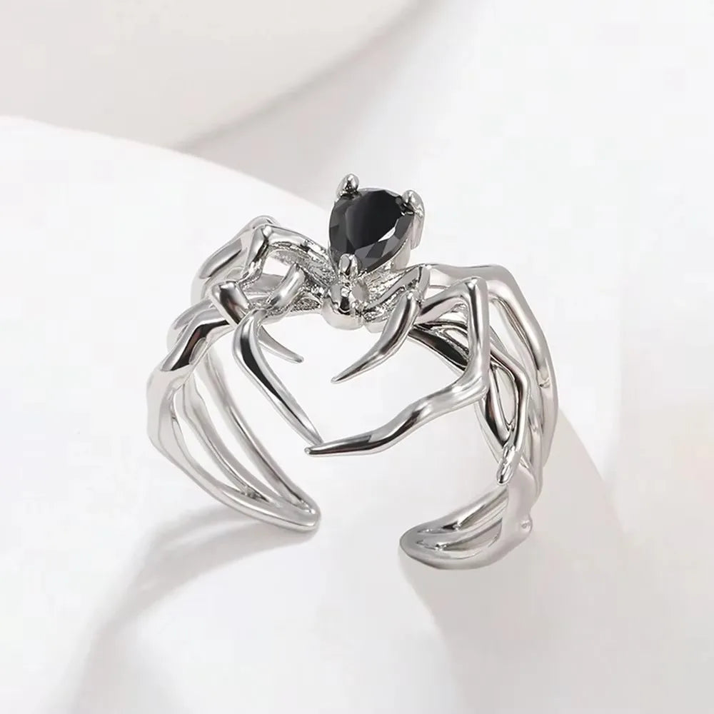 Punk Spider Rings for Women Silver Color Dark Retro Black Gem Spider Ring Hip-Hop Halloween Jewelry Accessories