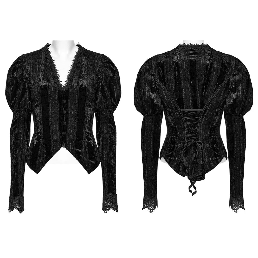 PUNK RAVE Women's Lace Embroidered Velvet Classic Gigot Sleeves Shirt  Retro Layering Adjustable Rope Sexy Slim Tops Coven Couture Collective