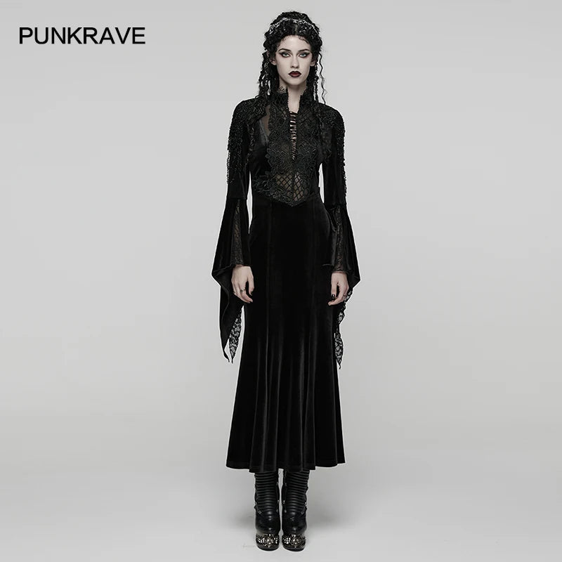 PUNK RAVE Women's Gothic Mother of Night Velvet Dress Double-layered Irregular Flared Sleeves Elegance Mystery Party Dresses