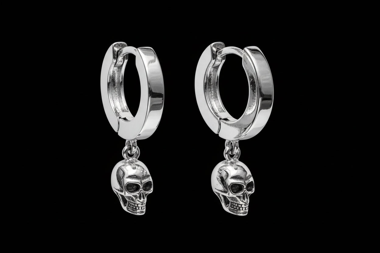 925 Sterling Silver Hinged Hoop Earrings with Skull Design