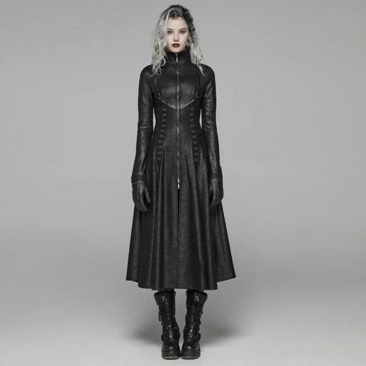 PUNK RAVE Women's Dark Punk Front Zipper Stand Collar Maxi Overcoat Goth Stage Performance Cosplay Womens Trench Long Coats Coven Couture Collective