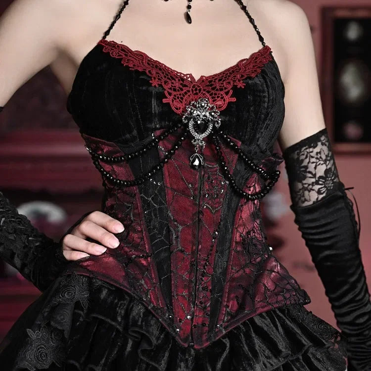 Vintage Gothic Dark Girl Velvet Fishbone Girdle Neck Sling Tanks Top High-waist Slim-fit Tail Skirt Ladies Cos Duchess Outfits