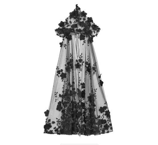 Blood Supply Original Design Gothic Florals Beading Embroidery Hooded Long Ponchos Transparent Meash Halloween Cape Winter