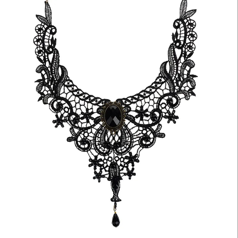 1PC Gothic Collar Necklace Black Beaded Sexy Lace Neck Choker Vintage Tassel Chain Women Steampunk Halloween Jewelry Gift