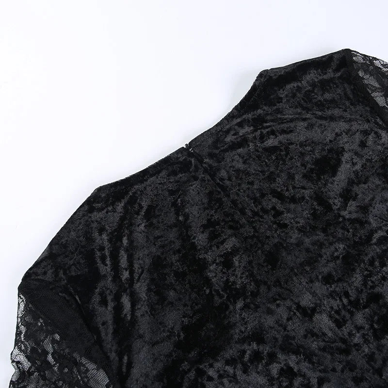 Goth Dark Elegant Mall Gothic Women Evening Dresses Grunge Aesthetic E-girl Velvet Midi Dress Lace Splice Sexy Split Alt Outfits