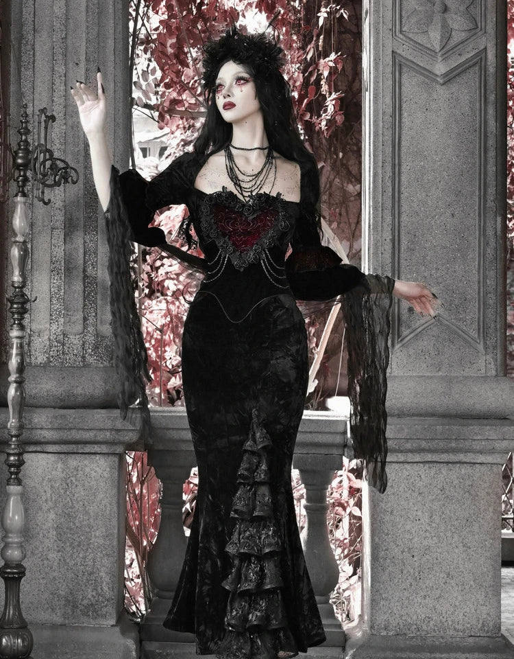 Blood Supply Original Design Bloody Red Black Gothic Velvet Tube Strapless Dress Trumpet Long Slim Party Vestido Halloween