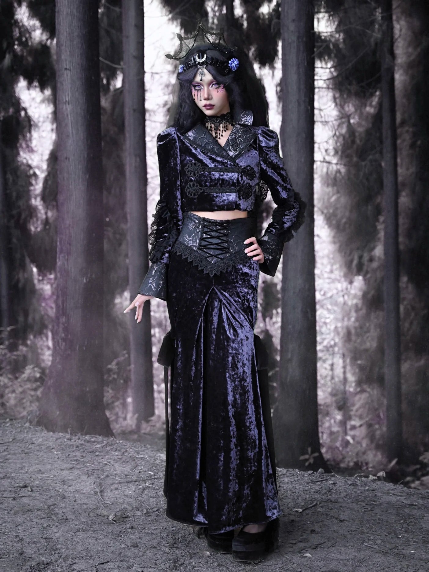 Blood Supply New Purple Velvet Slim-fit Lace-up Fishtail Skirt Gothic Lace Party Halloween Trumpet Long Skirt for Women 2023