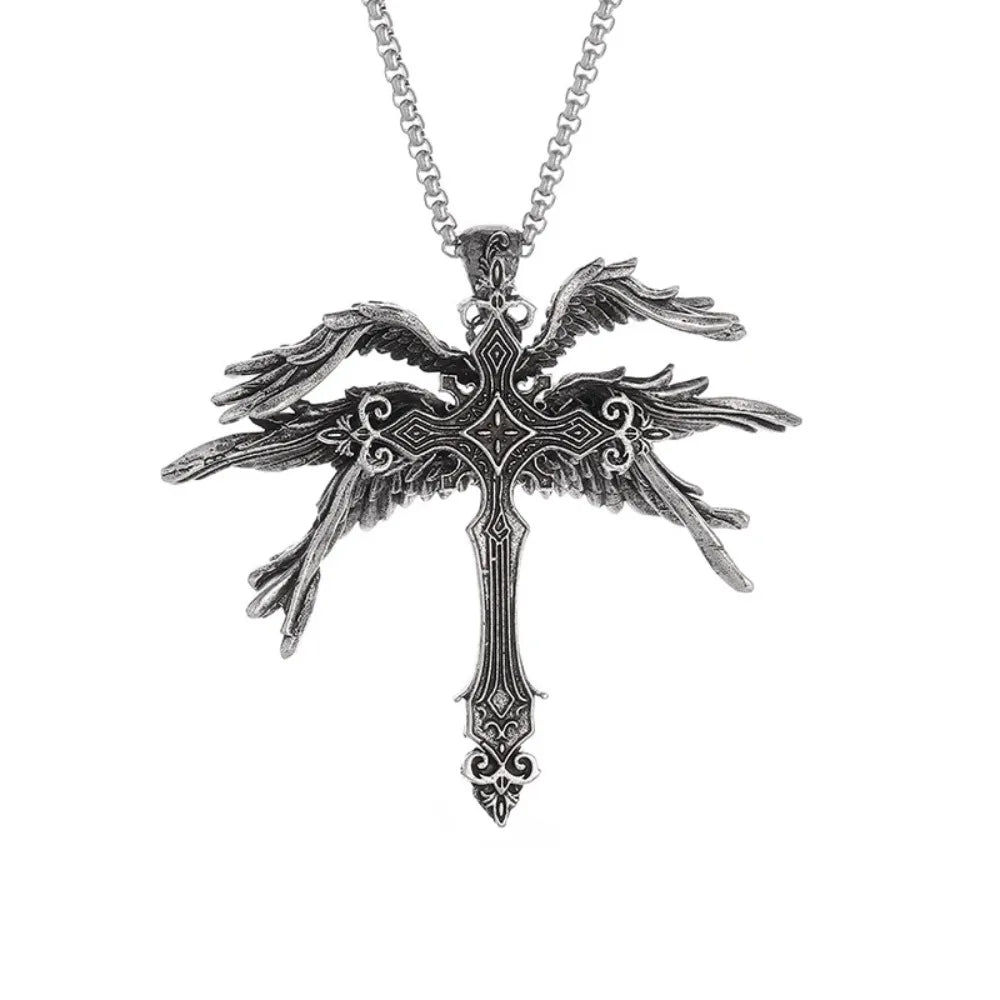 Retro Gothic Jesus Wings Cross Pendant Necklace Jewelry for Men Women Large Vintage Dark Punk Religious Amulet Necklaces Gifts
