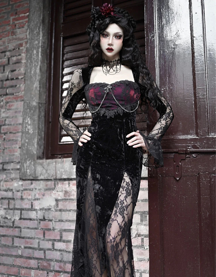 Blood Supply Original Gothic Black Velvet Dress Lace Full Sleeve Square Collar Mesh Red Halloween Slim Velvet Trumpet Dresses Coven Couture Collective