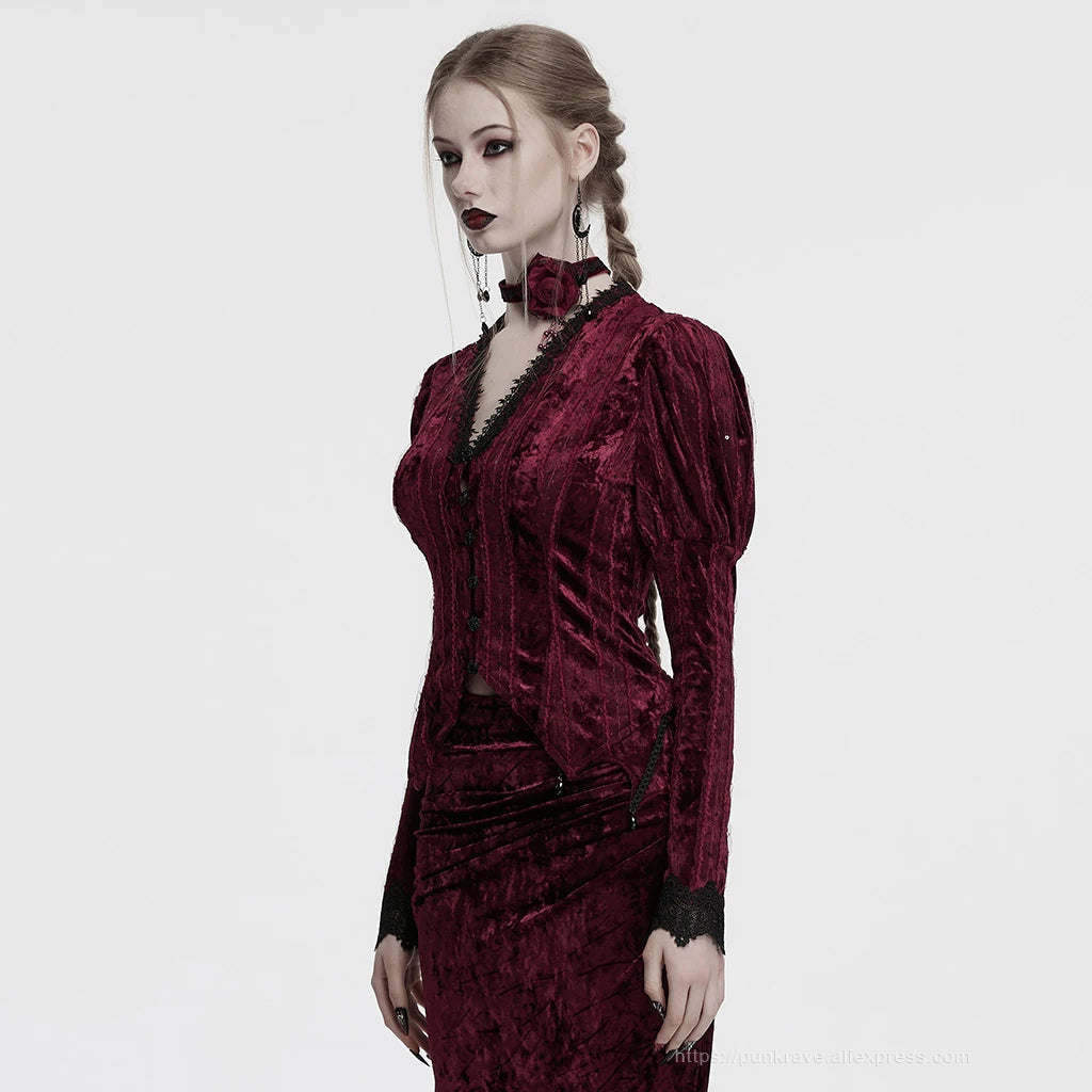 PUNK RAVE Women's Lace Embroidered Velvet Classic Gigot Sleeves Shirt  Retro Layering Adjustable Rope Sexy Slim Tops Coven Couture Collective