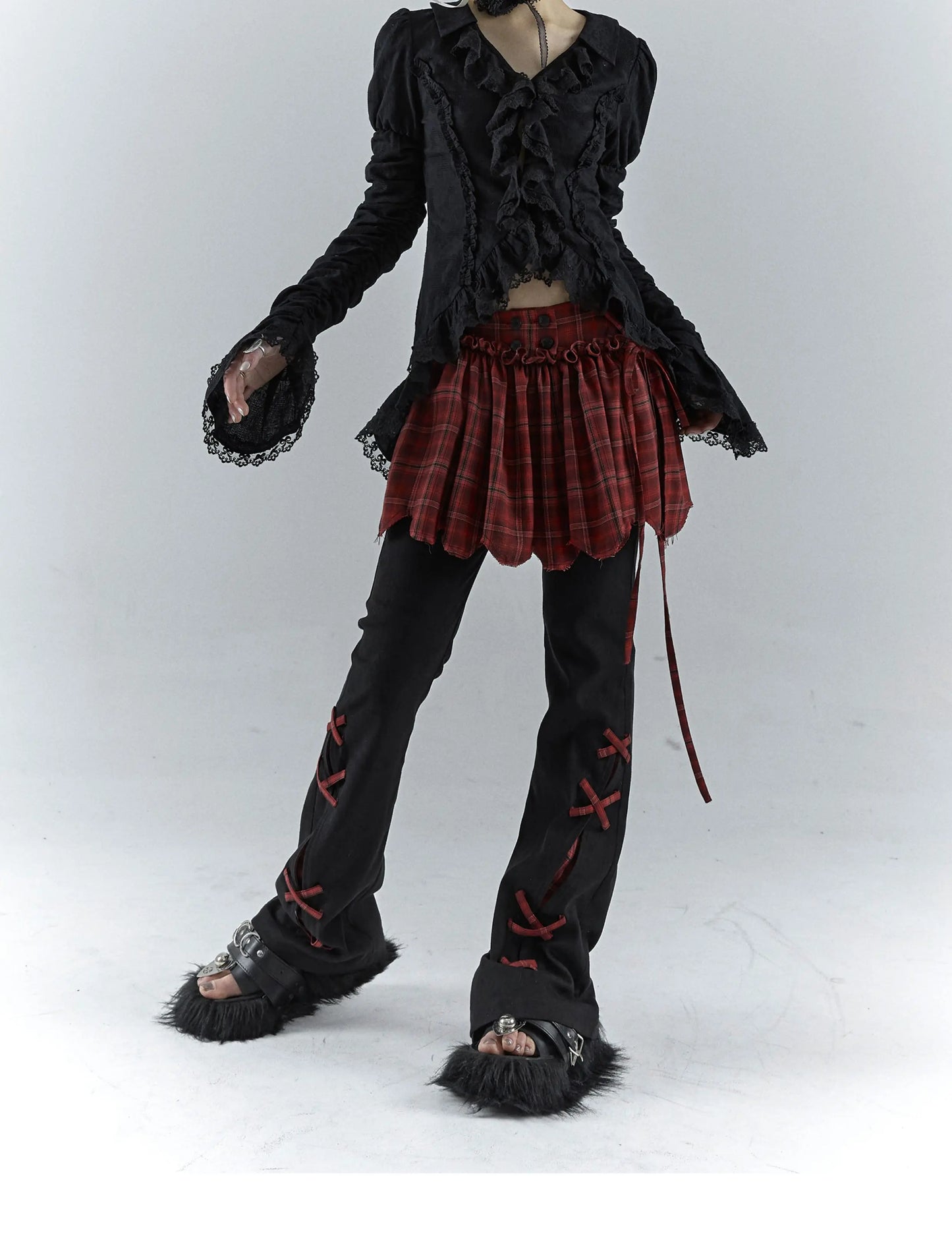 Karrcat Gothic Black Lace Shirt Dark Aesthetic Irregular Blouses Yamamoto Style Grunge Flare Sleeve V-neck Shirt Vintage Y2k Emo