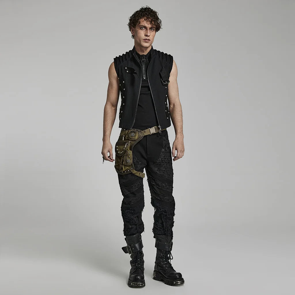 PUNK RAVE Men's Punk Doomsday Irregular Shape Rivets Personalized Bag Webbing Can Adjust Tightness Men Accessories
