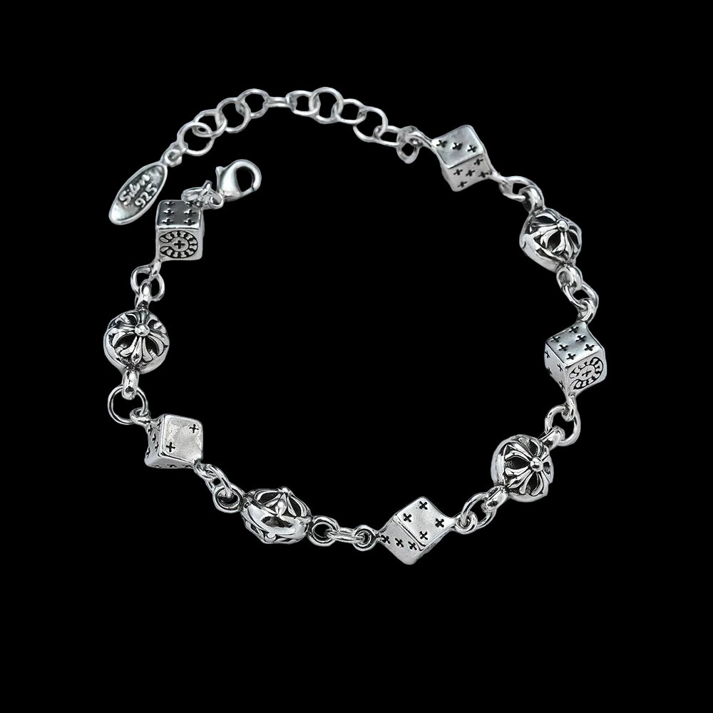 925 Sterling Silver Charm Bracelet – Vintage Dice & Floral Link Design Coven Couture Collective