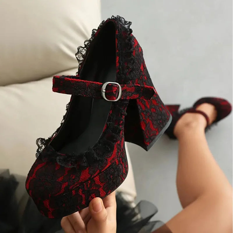 Waterproof Platform High Heels with Thick Sole Mary Jane Flats Elegant Lace Edged Single Shoes for Adults Pointed Toe Patchwork Design