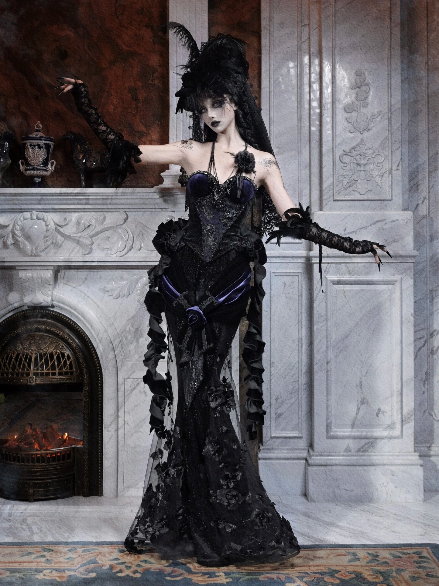 Blood Supply Original Design Death Dark Blue Gothic Shiny Diamonds Beading Velour Jupe Vestido Halloween Luxury Slim Tube Top