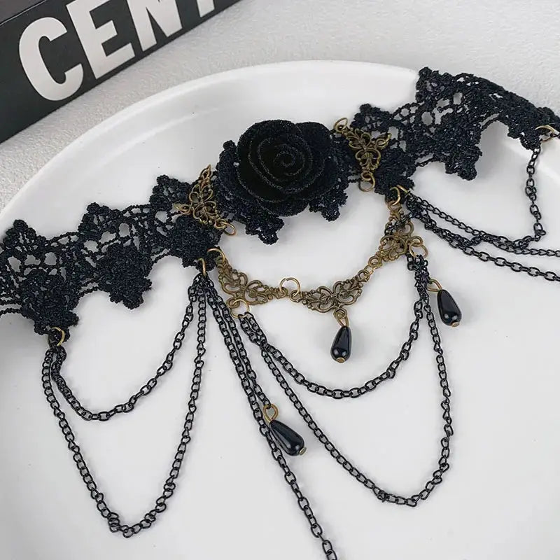 Trendy Black Lace Necklace Flower Tassel Choker Necklace for Women Punk Gothic Halloween Chocker Jewelry Collar Accessories Coven Couture Collective